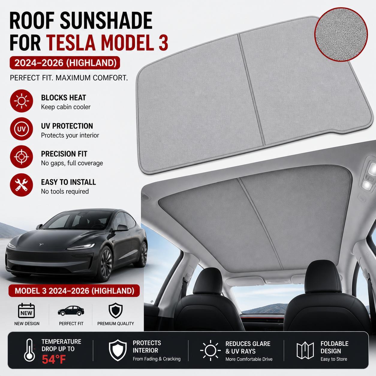 Tesla Roof Sunshade UV Protection Heat Insulation Glass Roof Shade