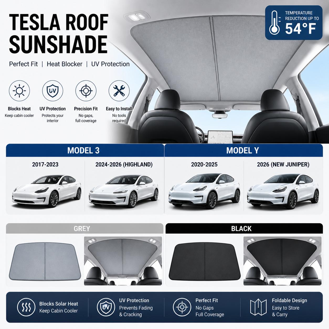Tesla Roof Sunshade UV Protection Heat Insulation Glass Roof Shade